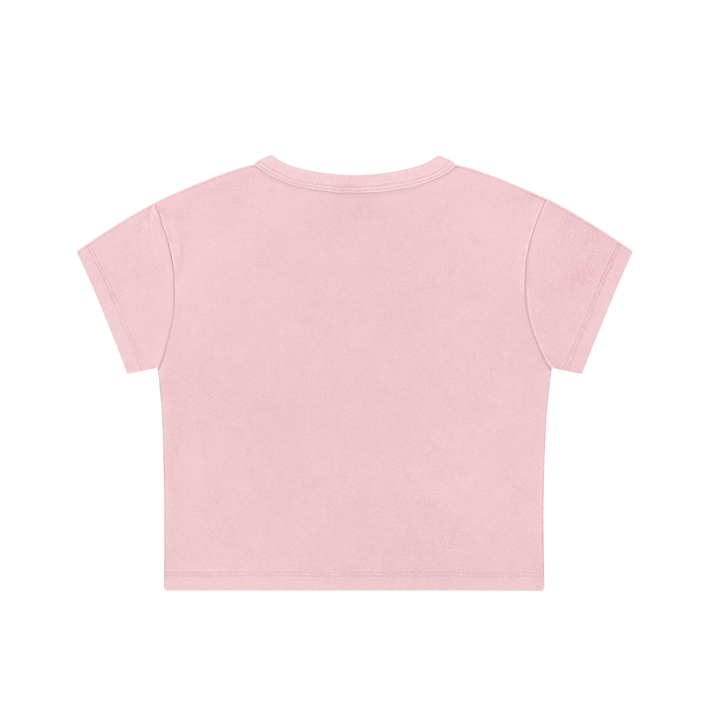 Women’s snow washed crop top in light pink, short sleeve, round neck, cotton blend fabric.