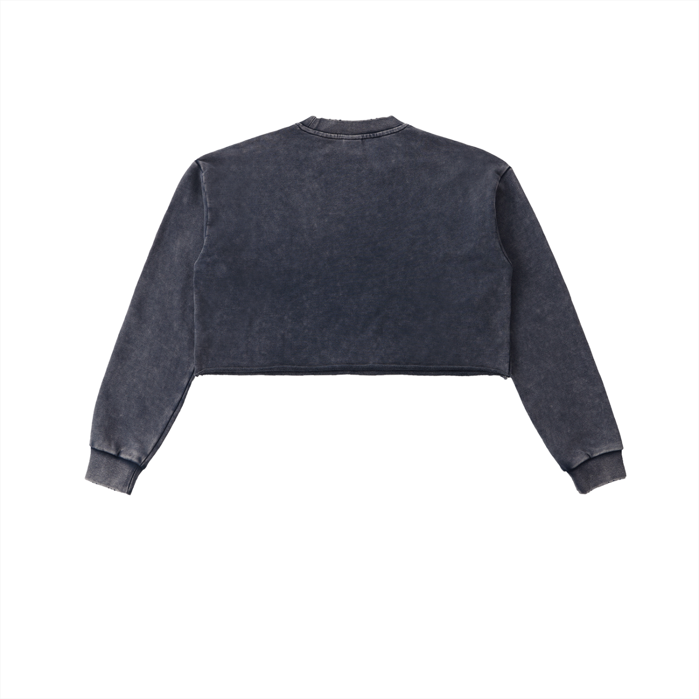 Snow washed raw edge cropped sweatshirt for women in thick 100% cotton with long sleeves and round neck.
