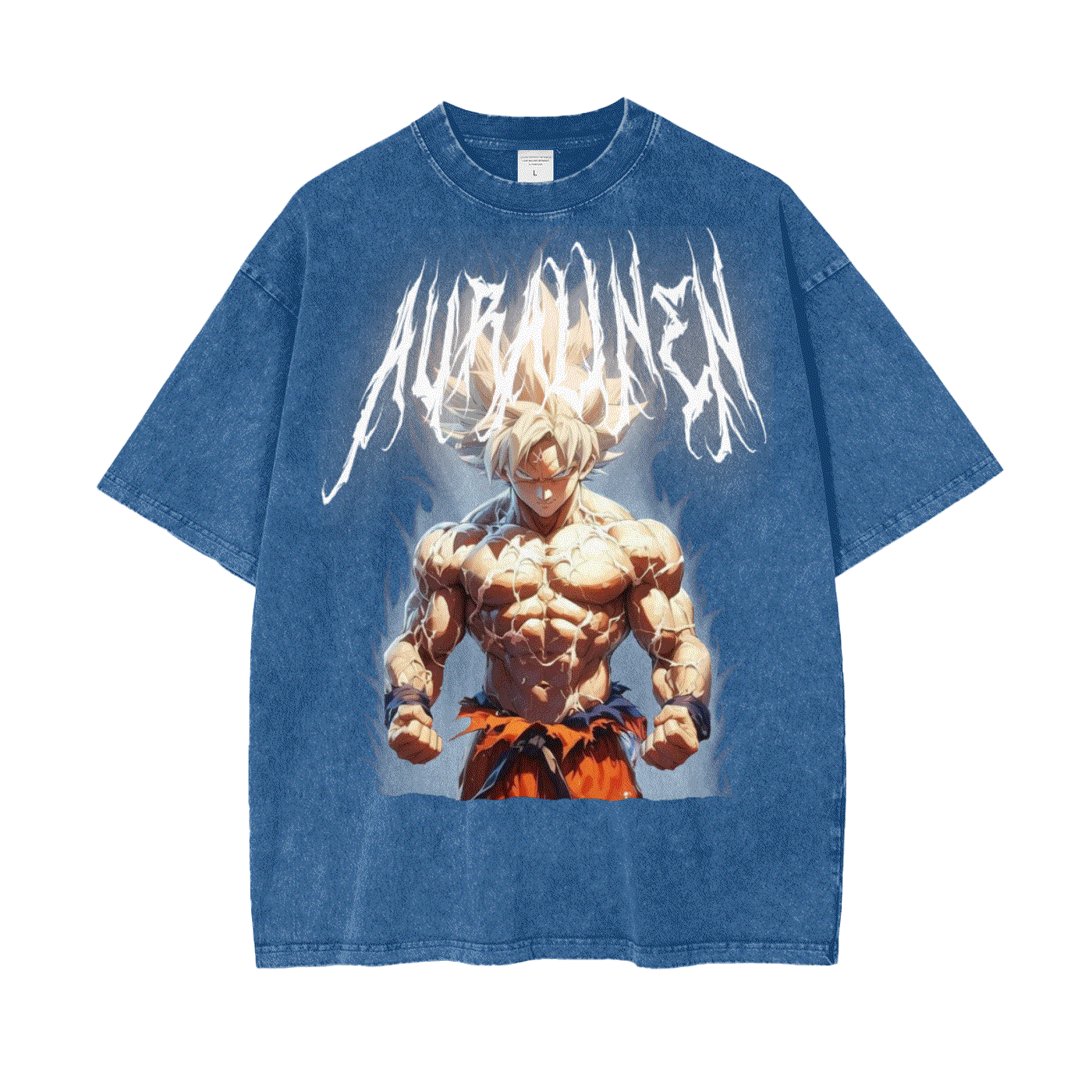 Blue cotton anime t-shirt featuring muscular Goku Aura graphic from Dragon Ball Z with bold white text and loose fit style