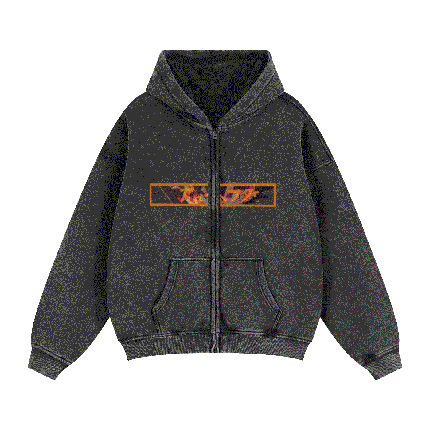 Black heavyweight zip-up hoodie with orange Son Goku graphic from Dragonball Z, loose fit, thick cotton-polyester blend