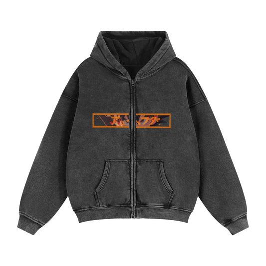 Black heavyweight zip-up hoodie with orange Son Goku graphic from Dragonball Z, loose fit, thick cotton-polyester blend