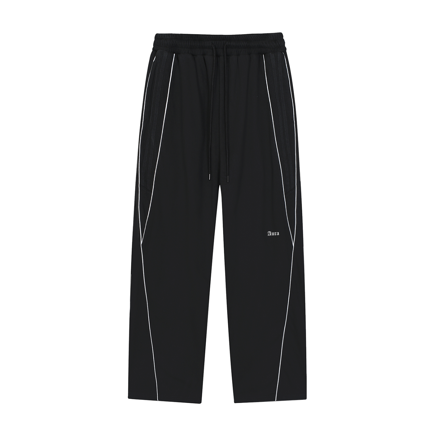 Unisex black reflection striped sweatpants with straight-leg fit and drawstring waist