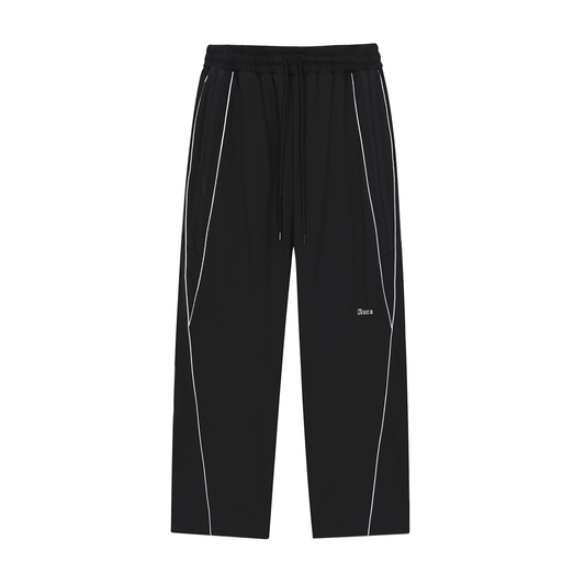Unisex black reflection striped sweatpants with straight-leg fit and drawstring waist