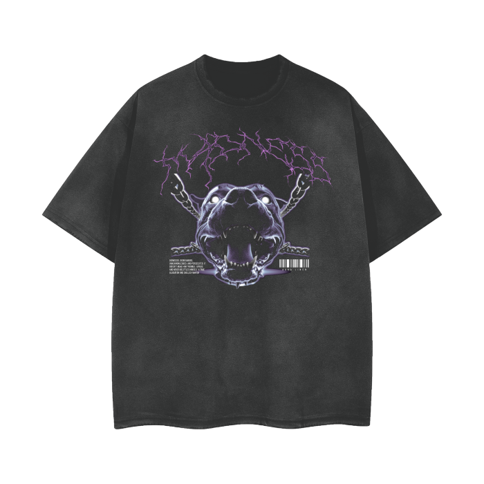 Black Mad Dog Vintage Tee with edgy purple graphic and frayed hem streetwear shirt
