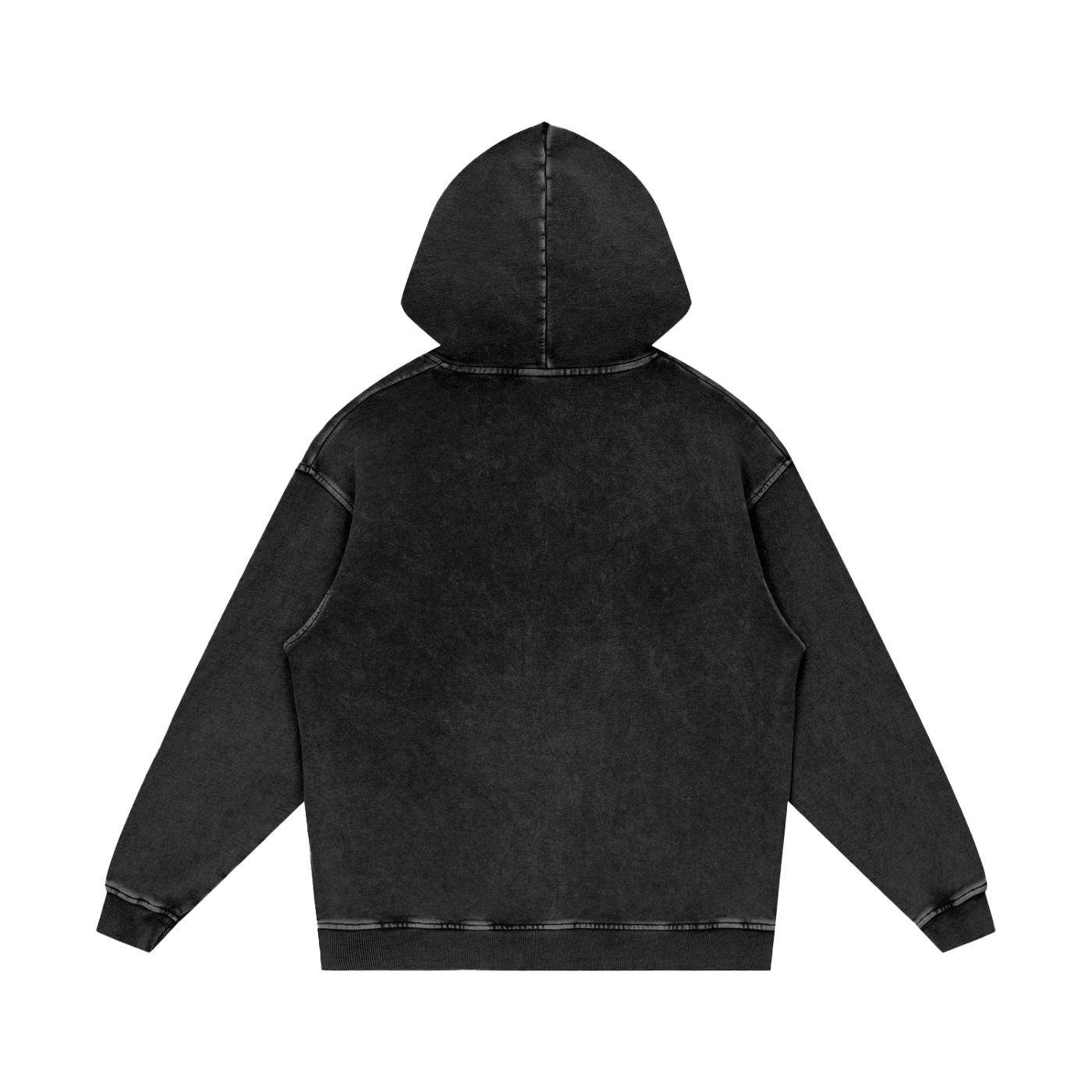 Back view of black Logo Acid Wash Hoodie oversized unisex cotton sweatshirt with hood and rib cuffs