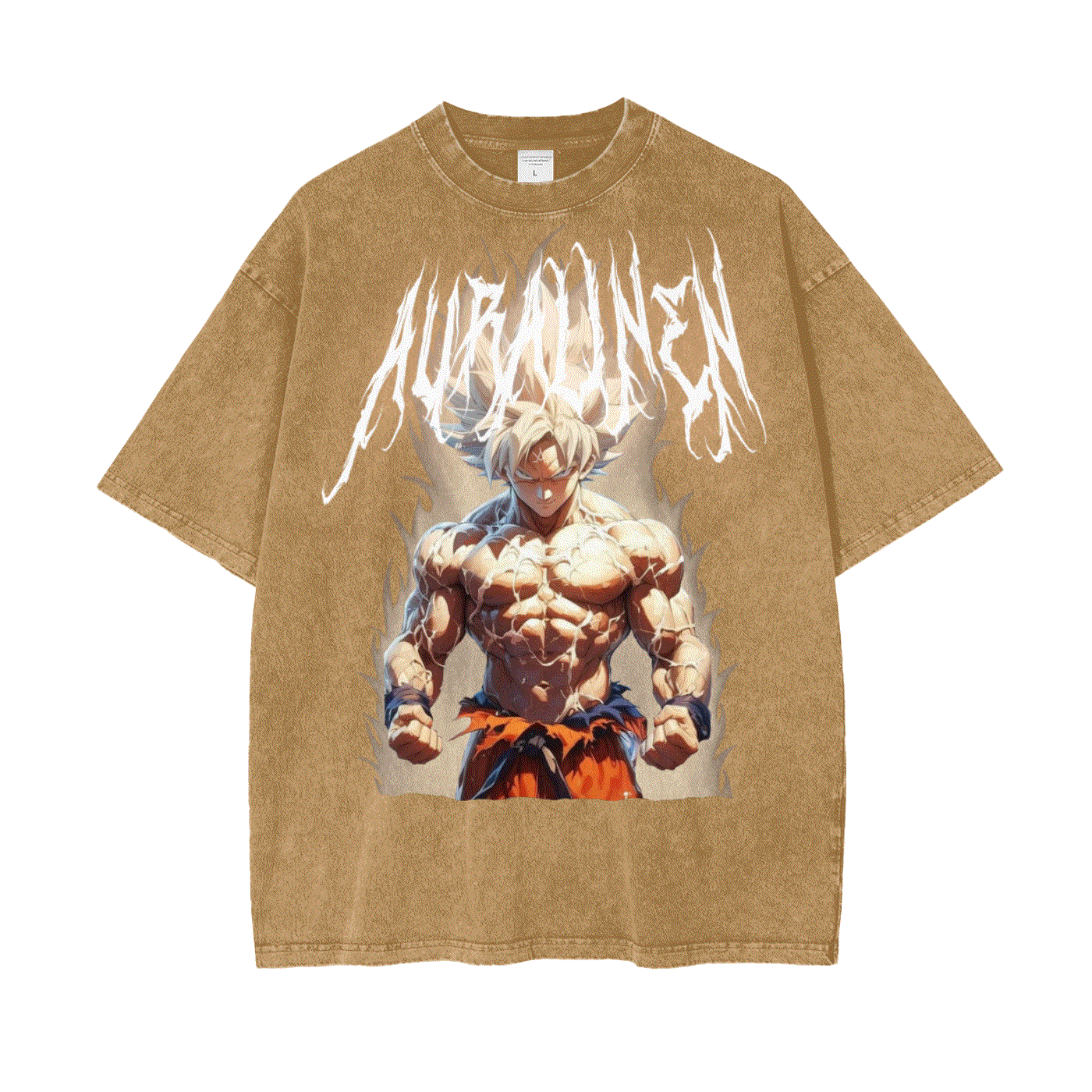 Goku Aura graphic t-shirt with anime dragon ball Z design on brown cotton streetwear tee