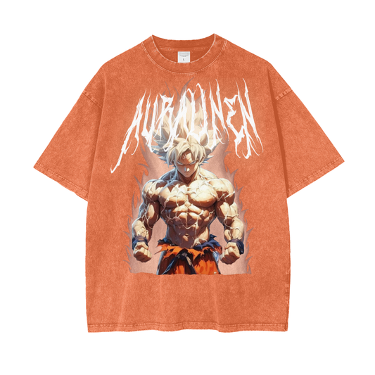 Orange Goku Aura graphic t-shirt with loose fit and cotton fabric