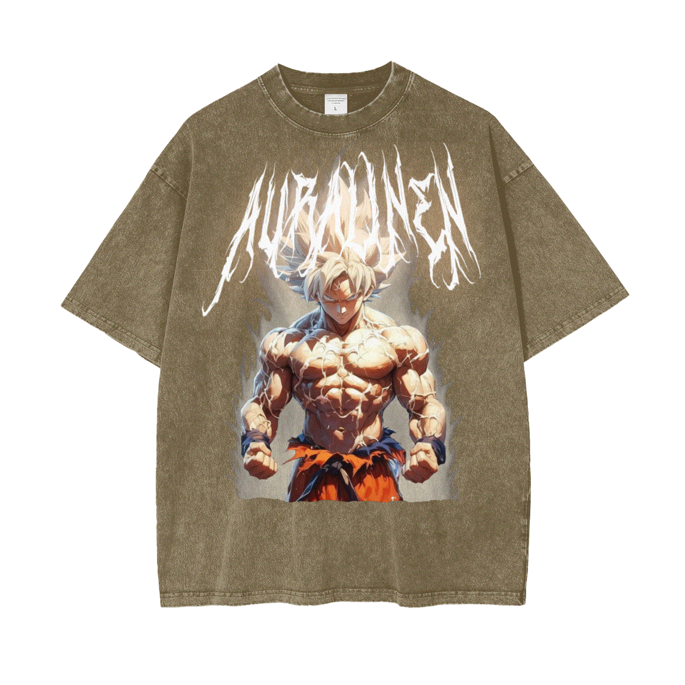 Goku Aura graphic T-shirt featuring Dragon Ball Z character on brown washed cotton tee