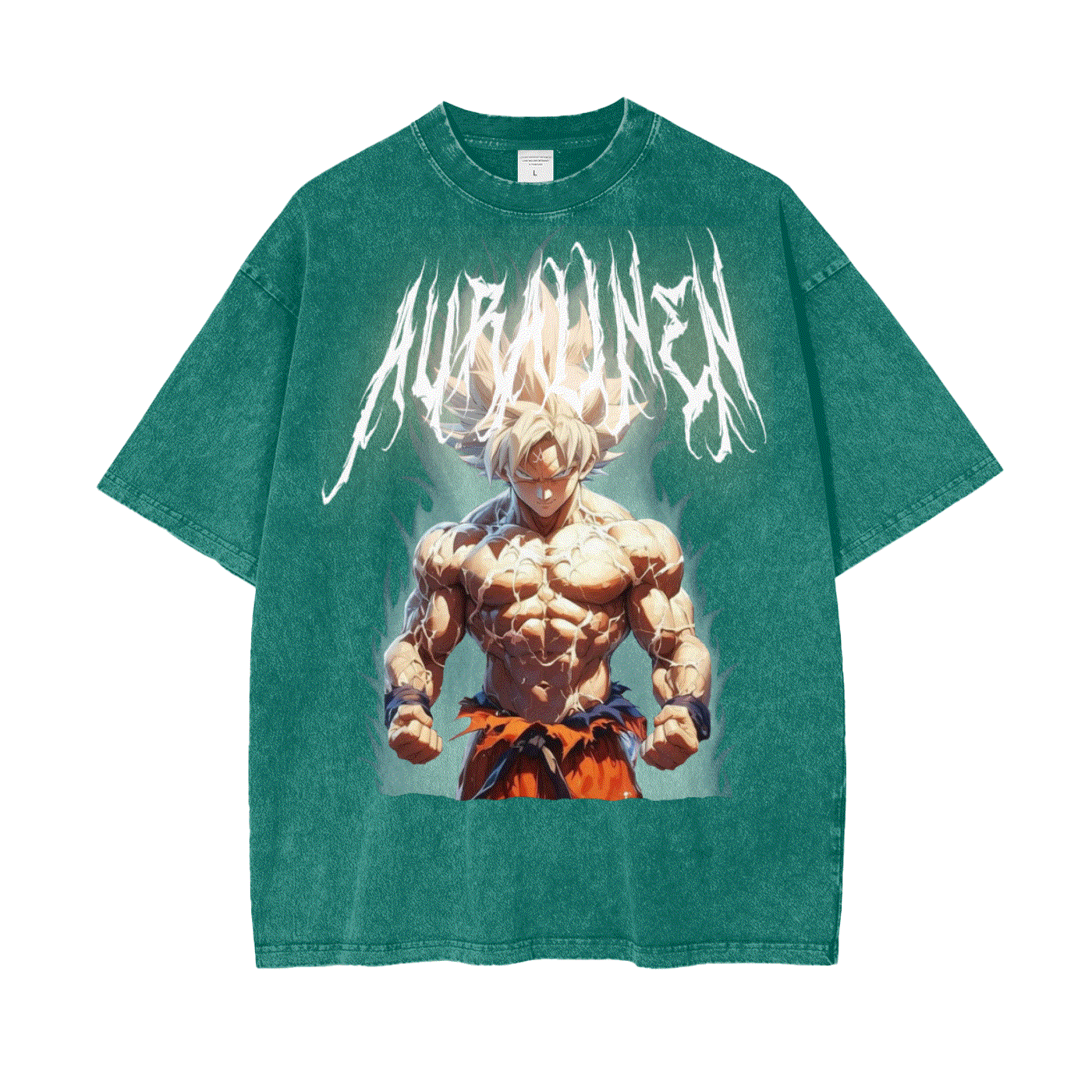 Goku Aura anime graphic t-shirt with green snow wash, loose fit, 100% cotton streetwear tee