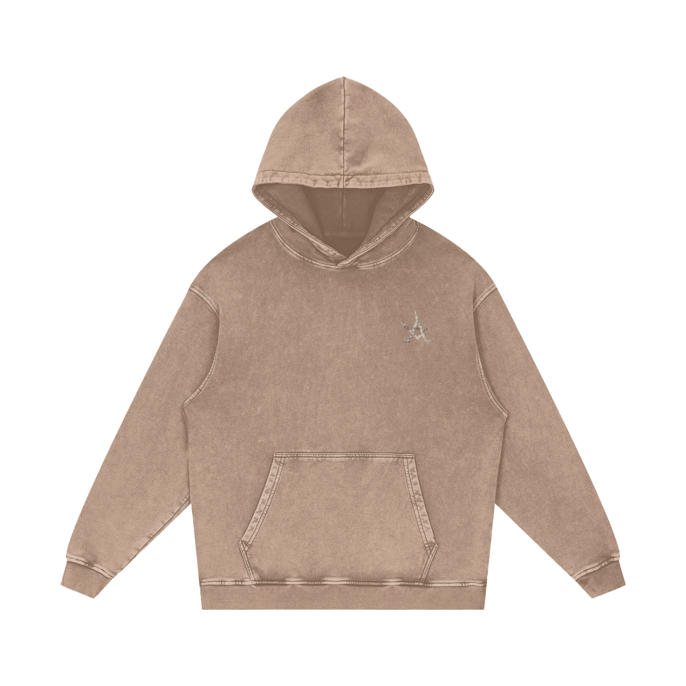 Unisex oversized logo acid wash hoodie in brown 100% cotton with rib cuffs and front pocket