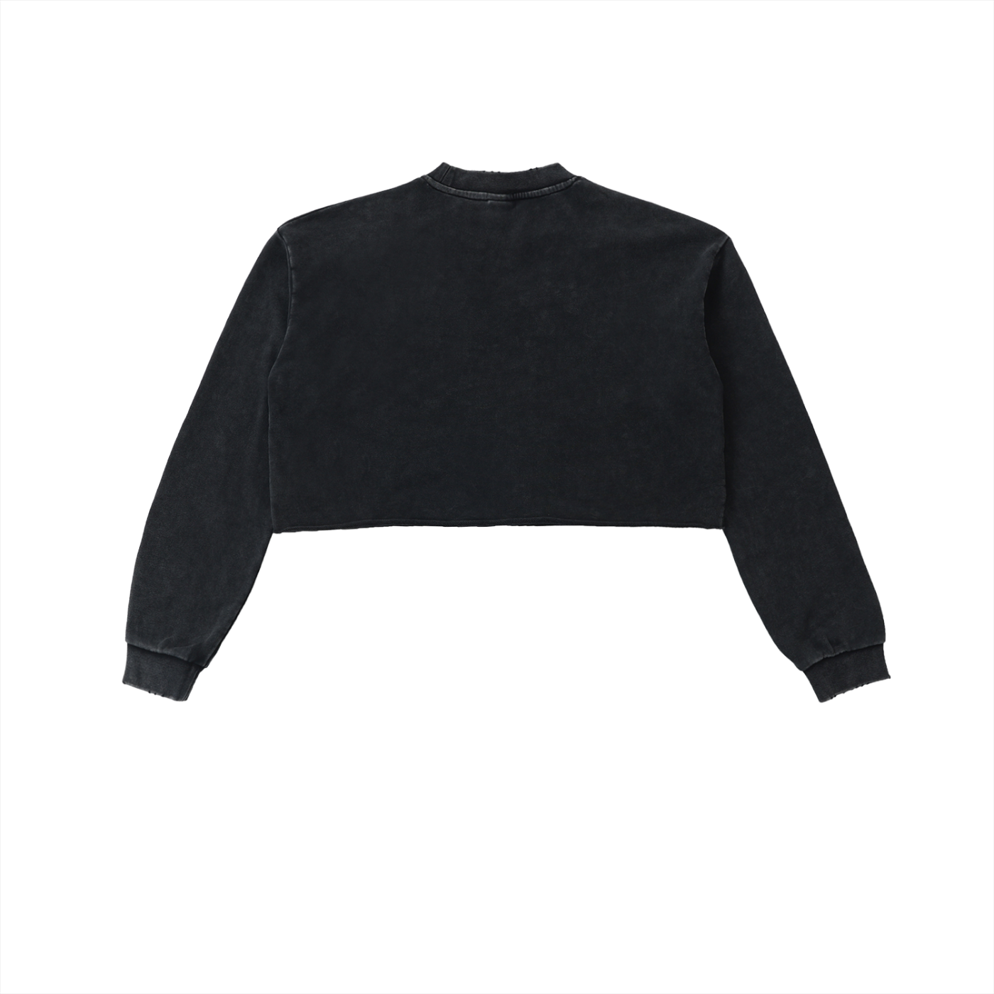 Black women's snow washed raw edge cropped sweatshirt with long sleeves and round neck in casual street style