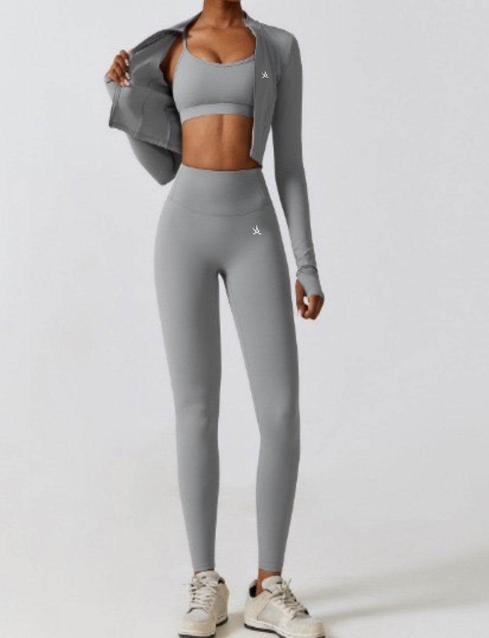 Aura Women’s Plum Leggings high-waist gym and yoga pants in grey with flexible waistband and squat-proof fabric