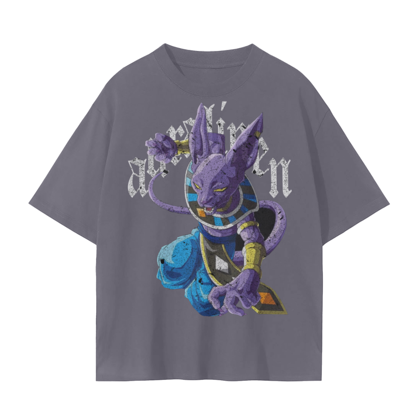 Unisex seamless cotton T-shirt with Dragon Ball Super Beerus graphic aura print, casual round neck design