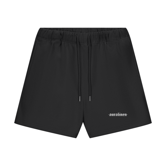 Black Crossed Out Shorts with drawstring, loose fit, cotton blend, streetwear summer bottoms
