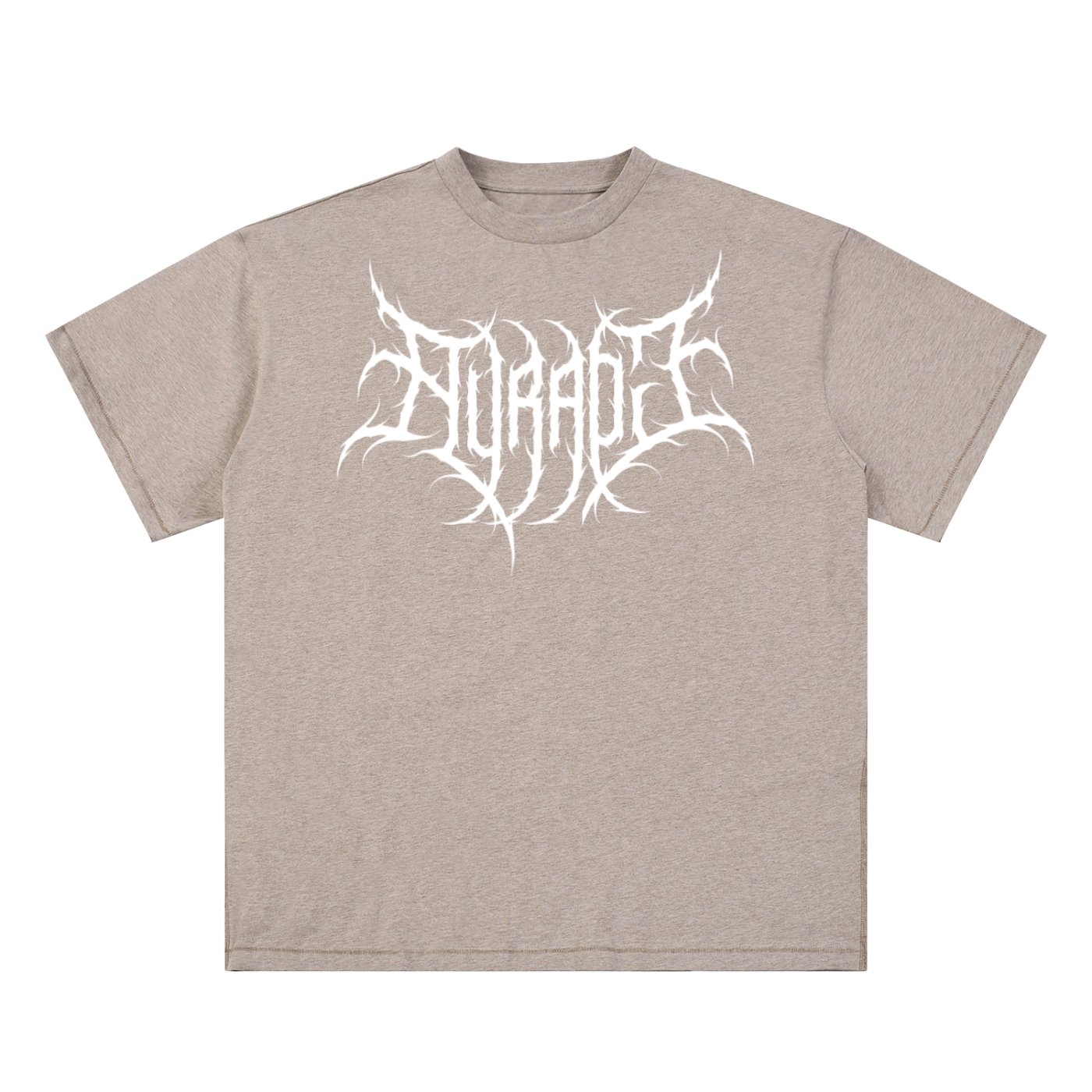 Unisex Essential T-Shirt in beige with white graphic print, 100% cotton, loose fit, round neck, short sleeves, casual and sporty design