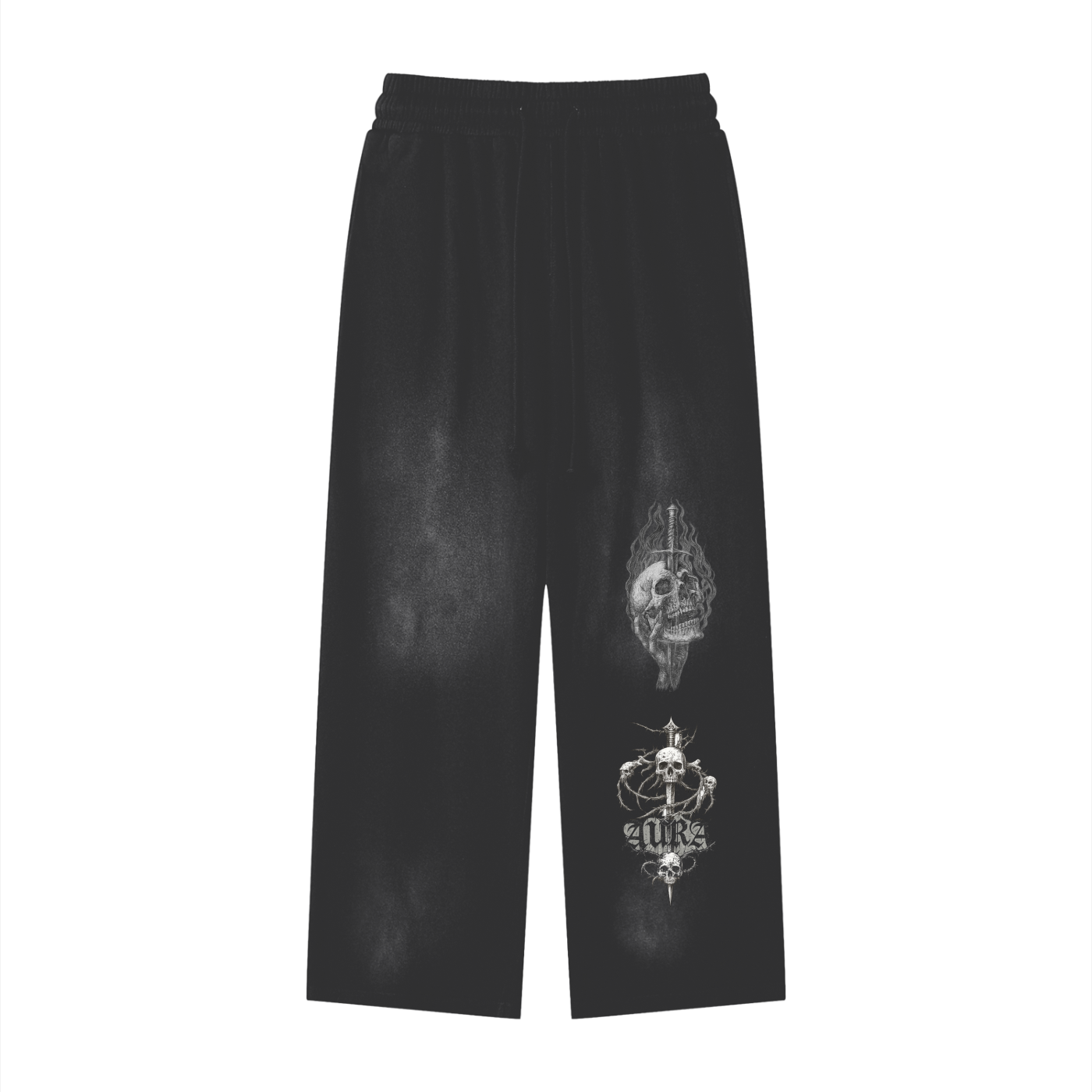 Black Sunfade Loose Fit cotton sweatpants with skull and flame graphic print, unisex, thick fabric, casual streetwear