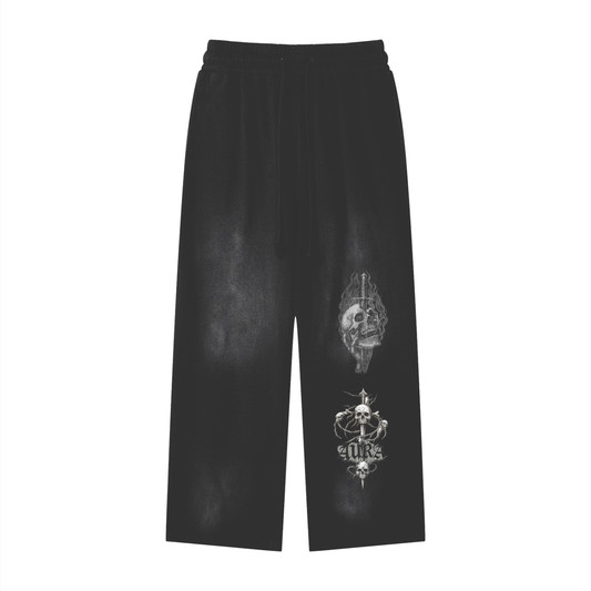 Black Sunfade Loose Fit cotton sweatpants with skull and flame graphic print, unisex, thick fabric, casual streetwear