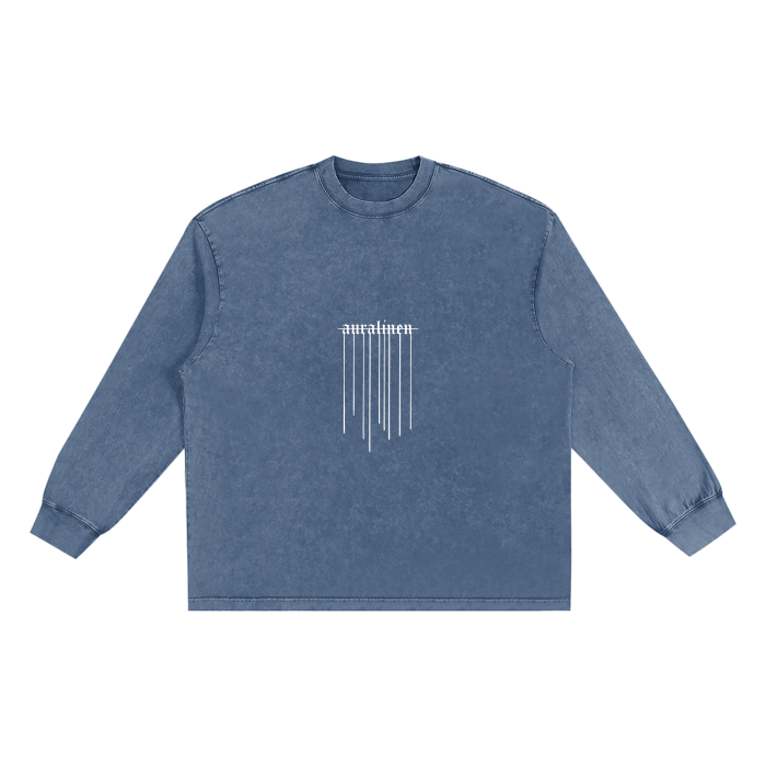 Crossed Out Drip Long Sleeve Tee in washed blue cotton with loose fit and drip-inspired graphic design