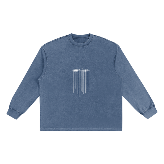 Crossed Out Drip Long Sleeve Tee in washed blue cotton with loose fit and drip-inspired graphic design