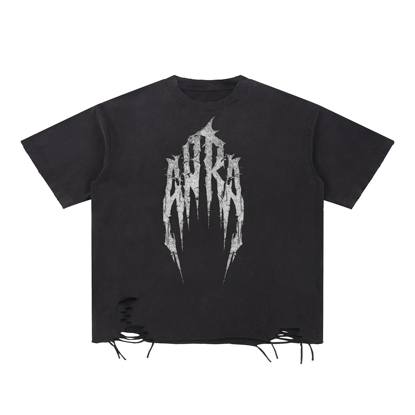 Unisex snow washed raw-hem black t-shirt with distressed print and loose fit