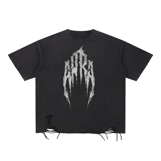 Unisex snow washed raw-hem black t-shirt with distressed print and loose fit