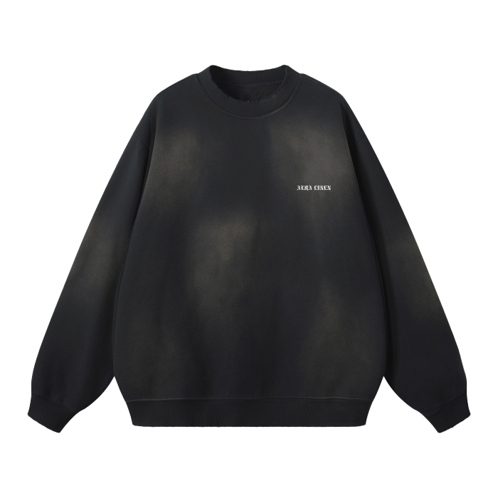 Black Finest Design Crewneck sweater with subtle wash effect and small white logo on chest, oversized fit, cotton blend fabric.