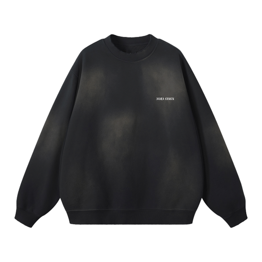 Black Finest Design Crewneck sweater with subtle wash effect and small white logo on chest, oversized fit, cotton blend fabric.