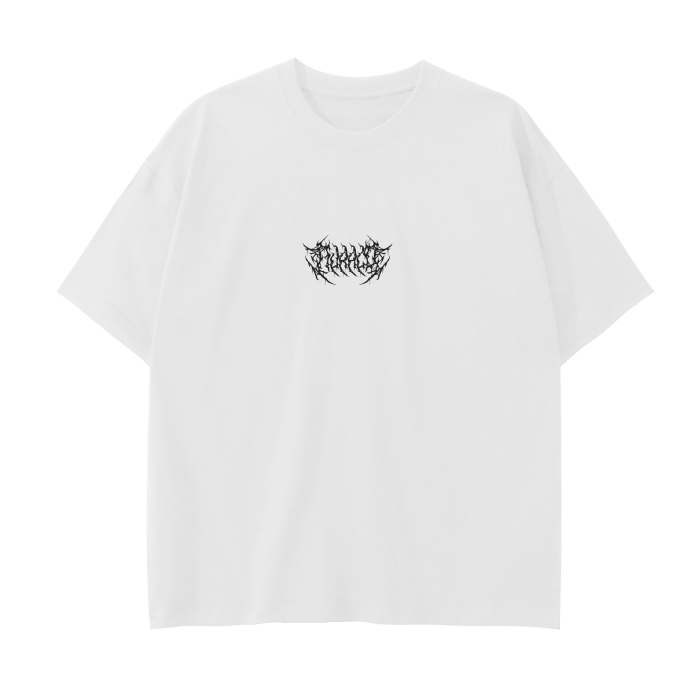 White metal graphic vintage tee with loose fit and frayed hem in 100% cotton