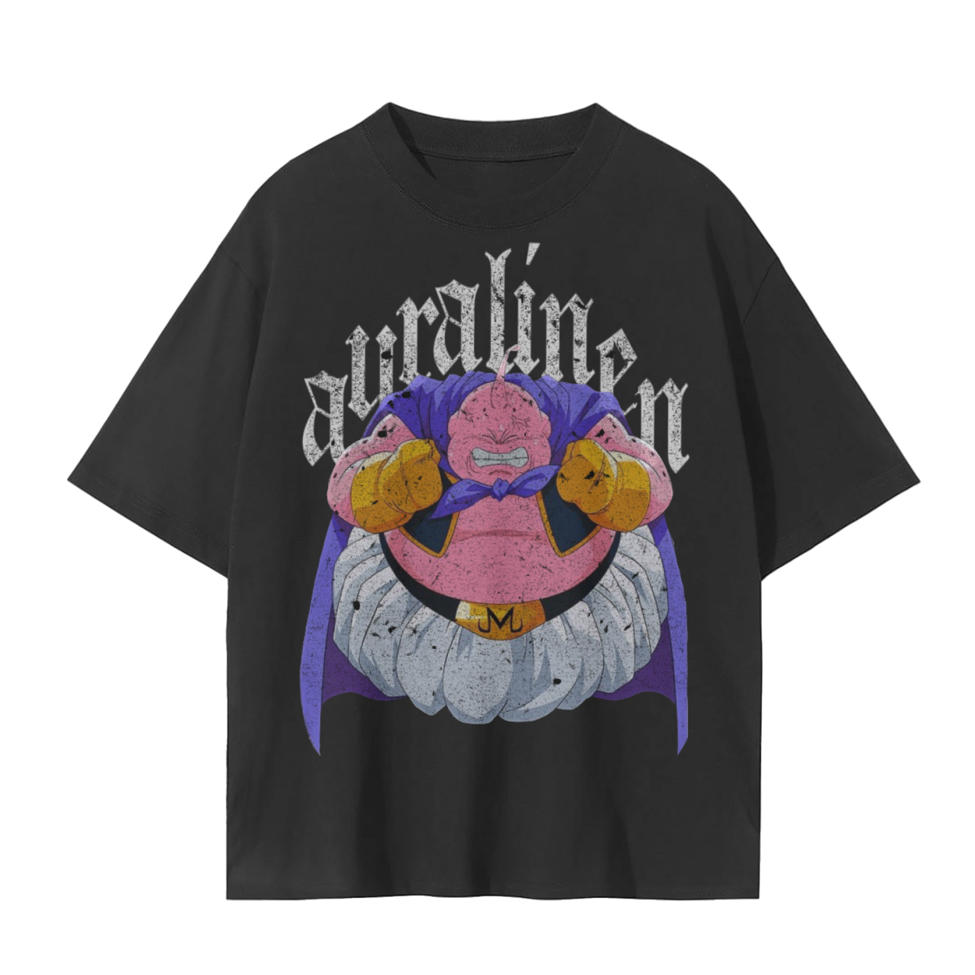 Unisex seamless black cotton tee with vintage Majin Buu graphic and aura from Dragon Ball Z