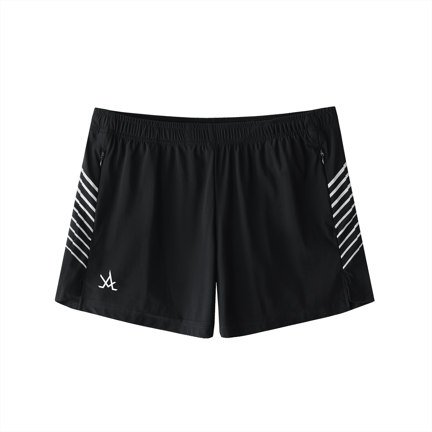 Men's black side-stripe performance shorts with elastic waistband and zip pockets