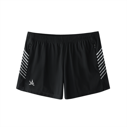 Men's black side-stripe performance shorts with elastic waistband and zip pockets