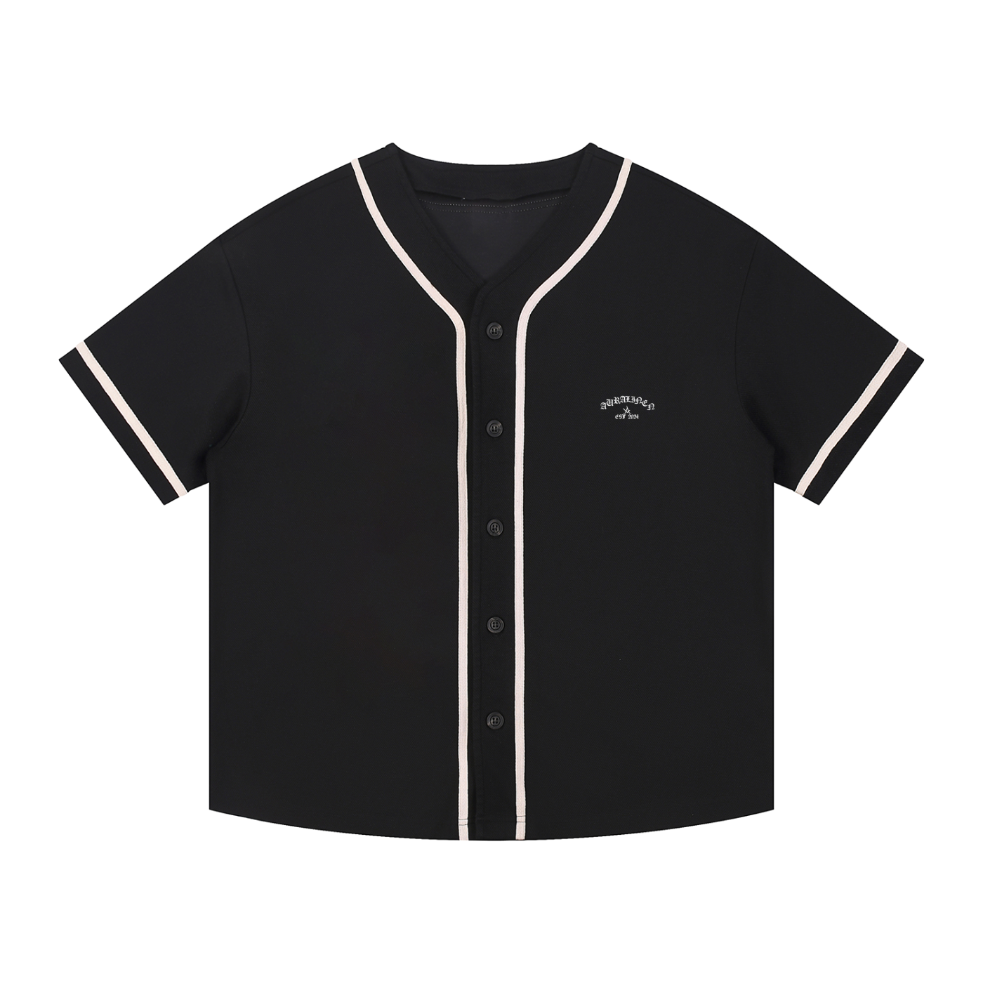 Black Aura linen baseball jersey with white trim and button-up front, unisex street style top