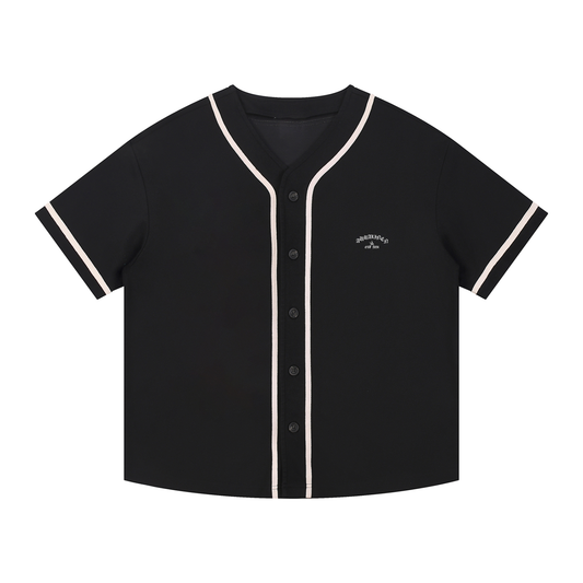 Black Aura linen baseball jersey with white trim and button-up front, unisex street style top