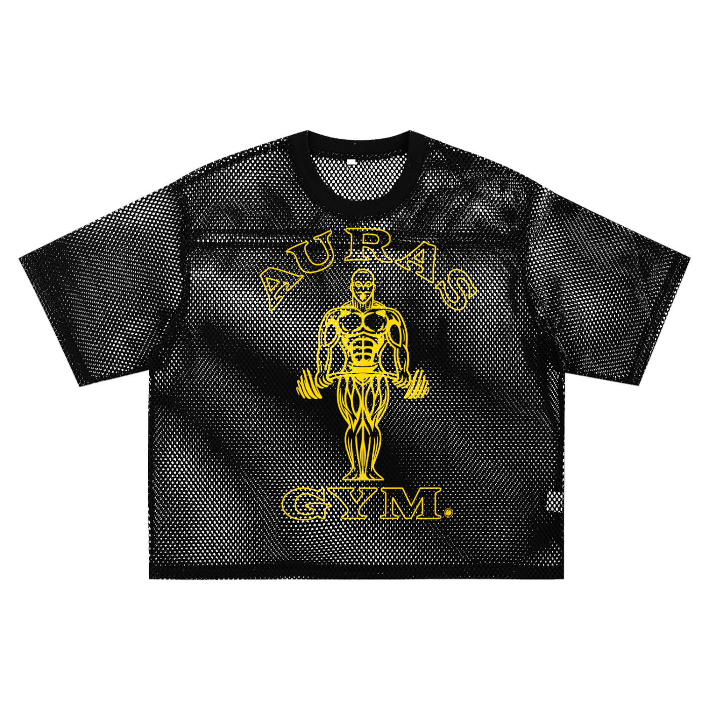 See-through Boxy Net T-shirt with yellow AURAS GYM graphic, black polyester mesh, unisex casual short sleeve top