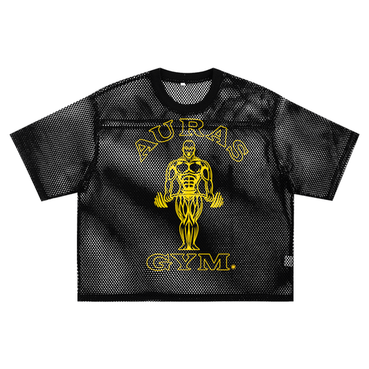 See-through Boxy Net T-shirt with yellow AURAS GYM graphic, black polyester mesh, unisex casual short sleeve top