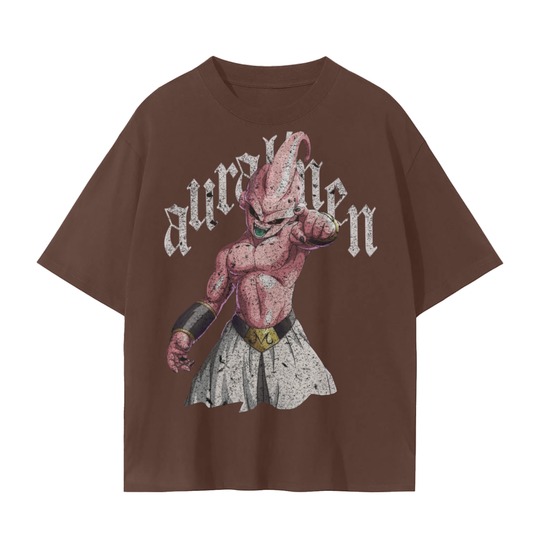 Unisex seamless brown cotton T-shirt with anime Dragon Ball Z Kid Buu graphic print