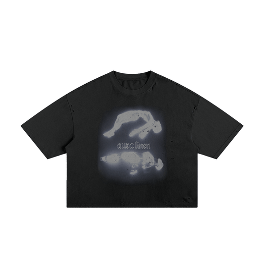 Black Projected Tee with loose fit, round neck, half sleeves, and minimal streetwear graphic design