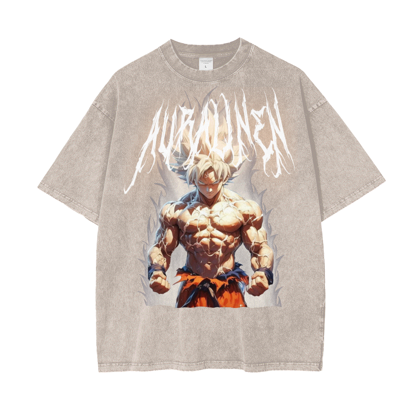 Goku Aura graphic t-shirt with loose fit, 100% cotton, short sleeves, and snow wash finish.