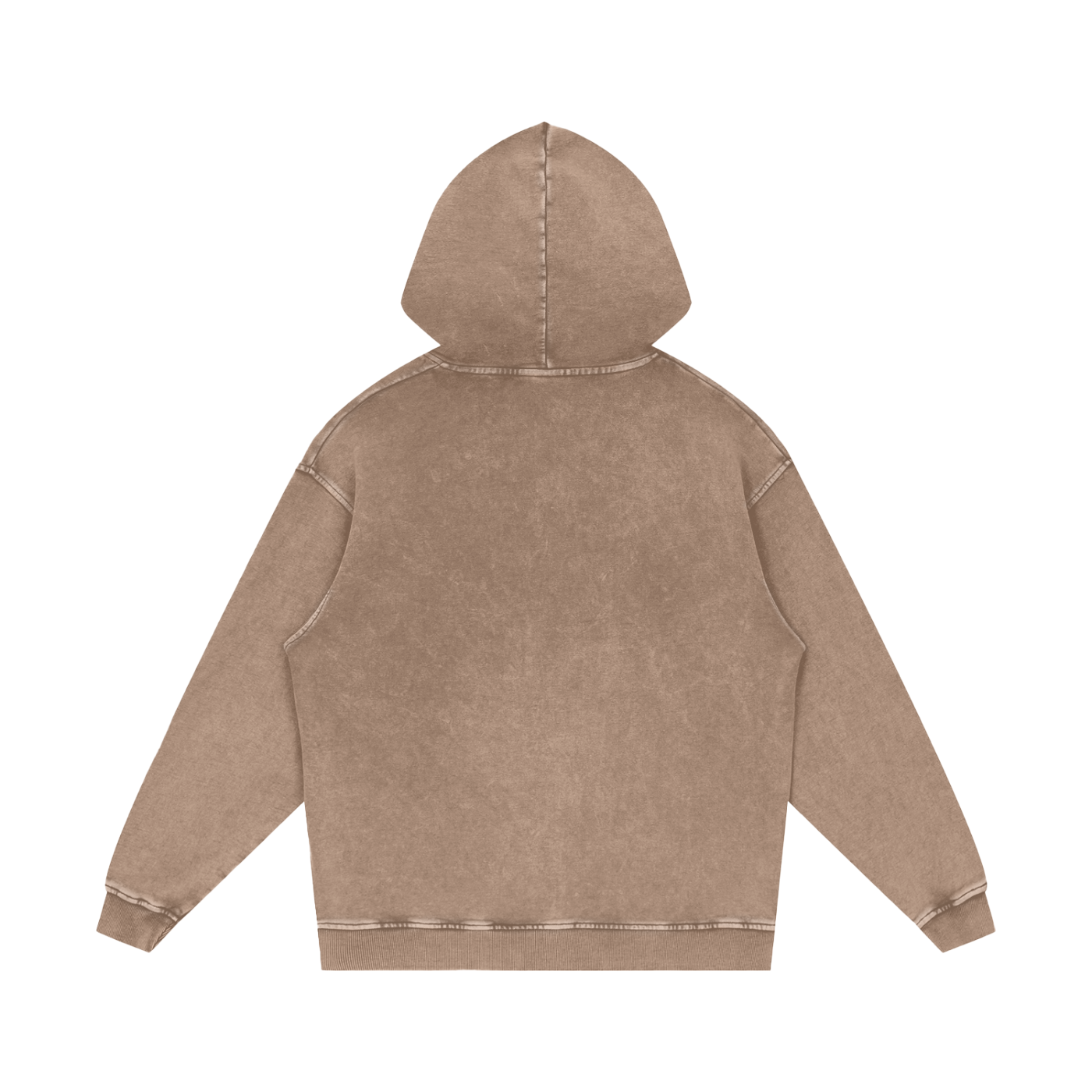 Back view of unisex Logo Acid Wash Oversize Hoodie in brown 100% cotton with hood and rib cuffs