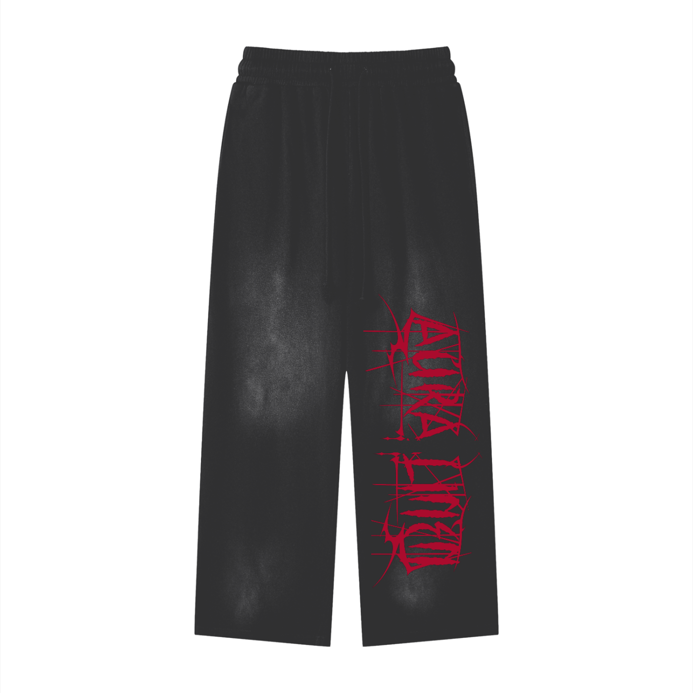 Black Thrashy Sweatpants with red graphic print, loose fit, 100% cotton, thick fabric, mid waist, drawstring waistband, casual streetwear style