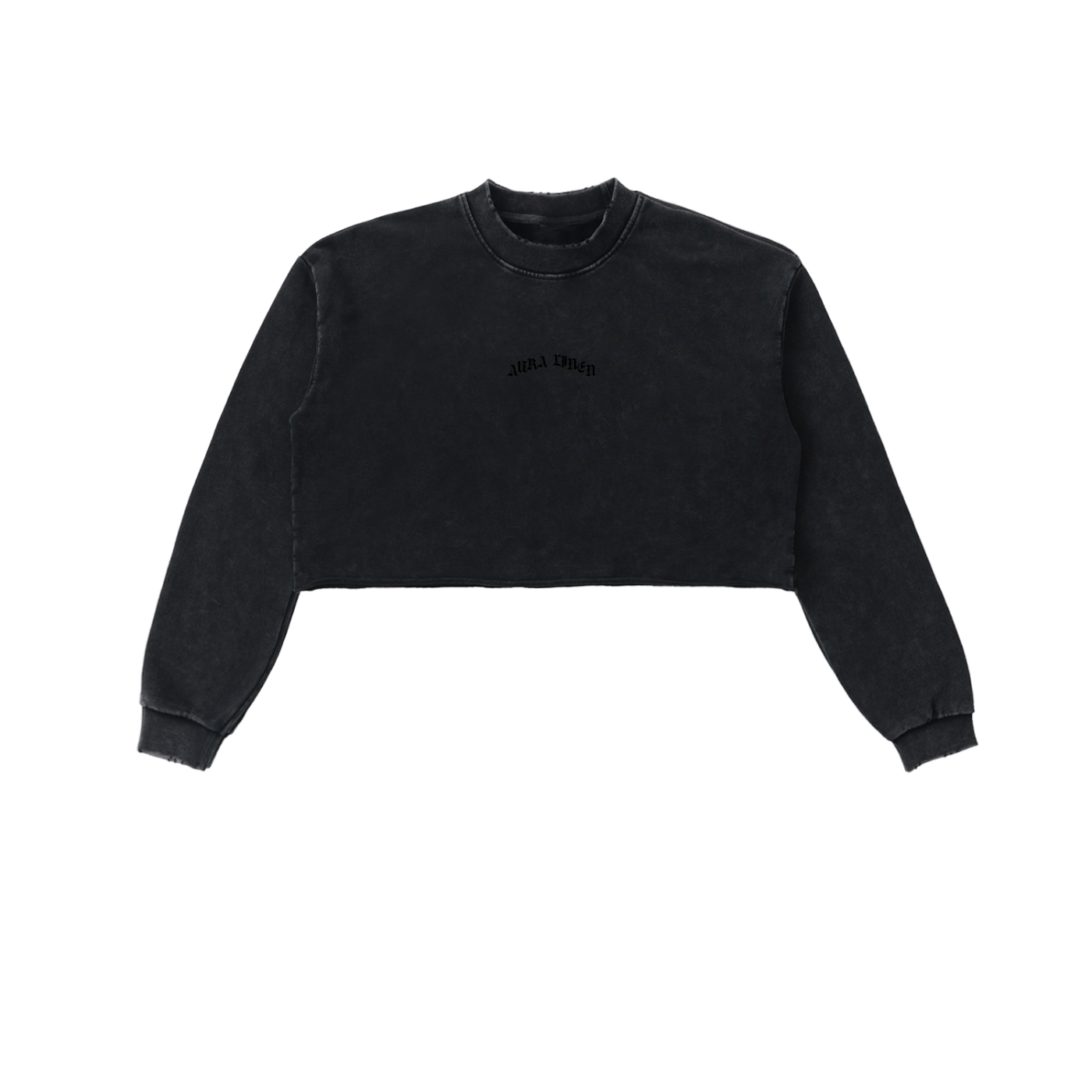Women's black snow washed raw edge cropped sweatshirt with long sleeves and round neck, made of thick 100% cotton, casual street style.