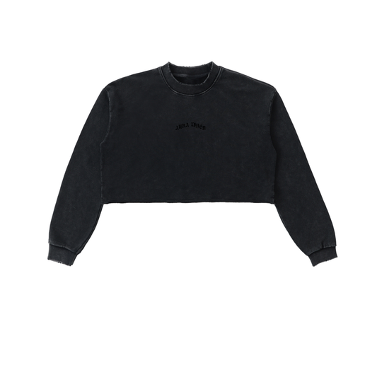 Women's black snow washed raw edge cropped sweatshirt with long sleeves and round neck, made of thick 100% cotton, casual street style.