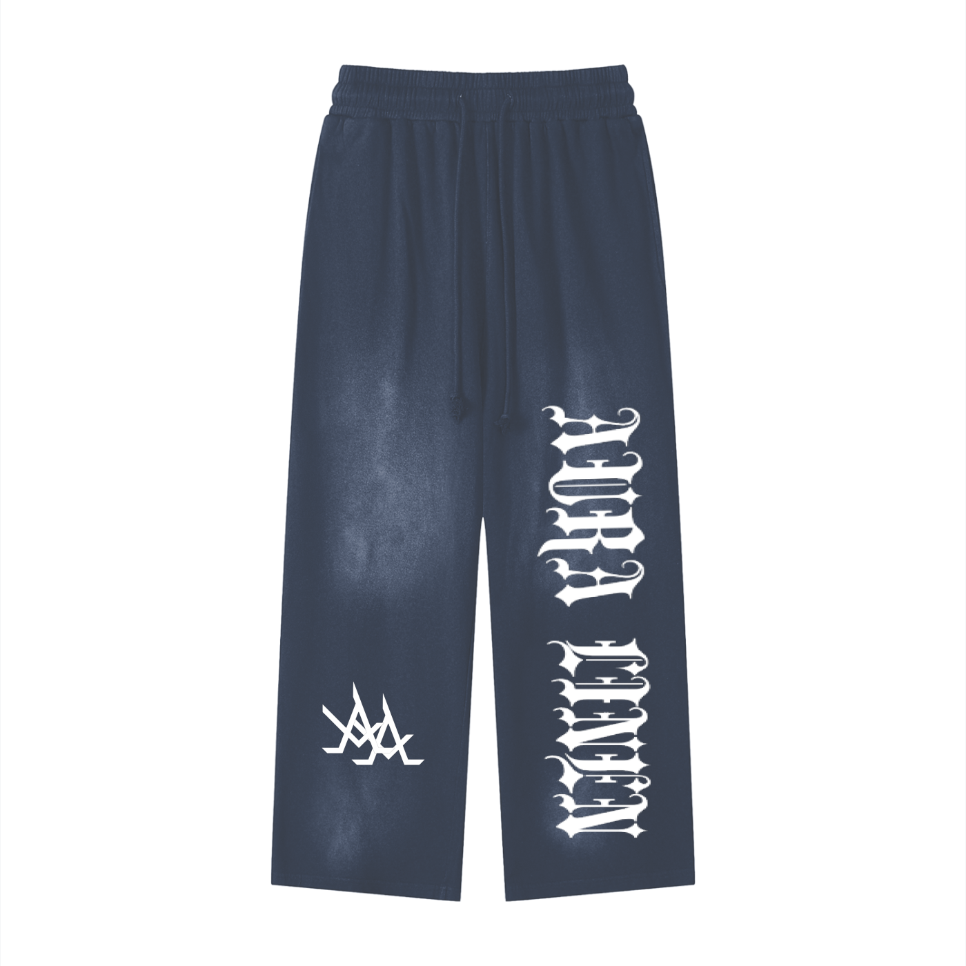 Navy blue athleisure sweatpants with white graphic print, loose fit, thick 100% cotton joggers for casual and sportswear.