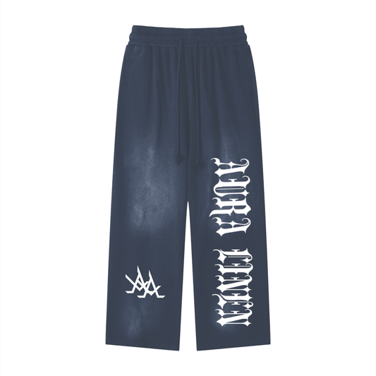 Navy blue athleisure sweatpants with white graphic print, loose fit, thick 100% cotton joggers for casual and sportswear.