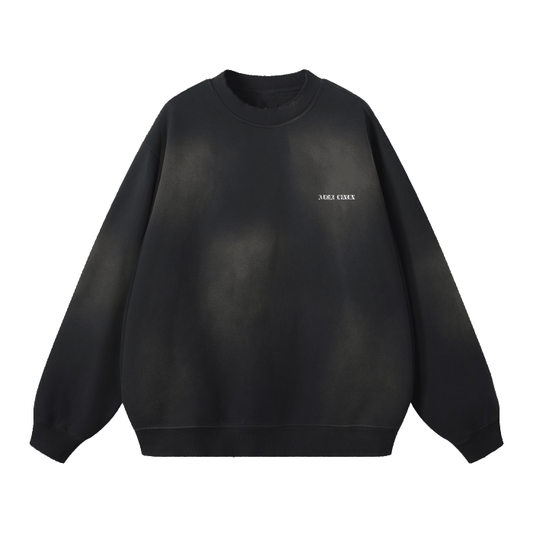 Black Aura Linen Crewneck sweater with relaxed fit and subtle washed effect, featuring round neck and long sleeves.