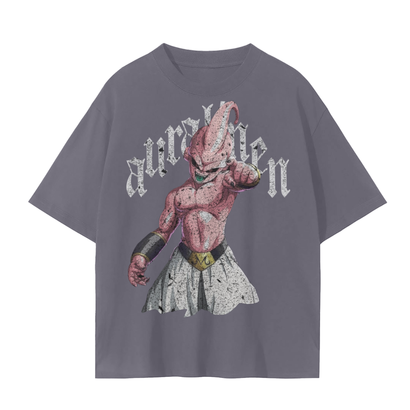 Unisex seamless t-shirt with Anime Dragon Ball Z Kid Buu graphic on gray pure cotton fabric