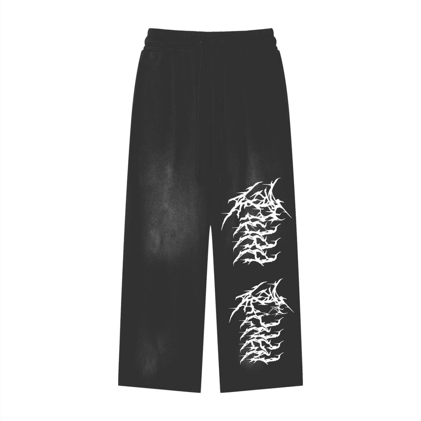Black loose metal pants with white heavy metal print, 100% cotton thick fabric, streetwear style
