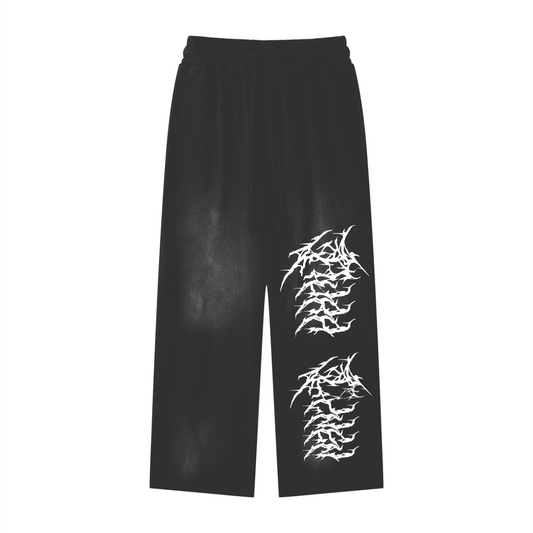 Black loose metal pants with white heavy metal print, 100% cotton thick fabric, streetwear style