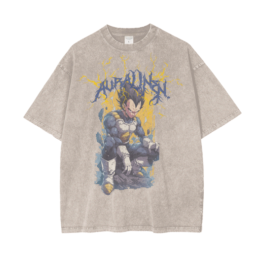 Vegeta Aura Tee anime graphic cotton t-shirt with drop shoulder and snow wash finish