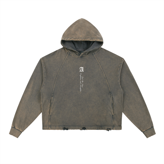 Unisex vintage washed frayed-hem hoodie with loose fit, cotton blend fabric, and small chest print.